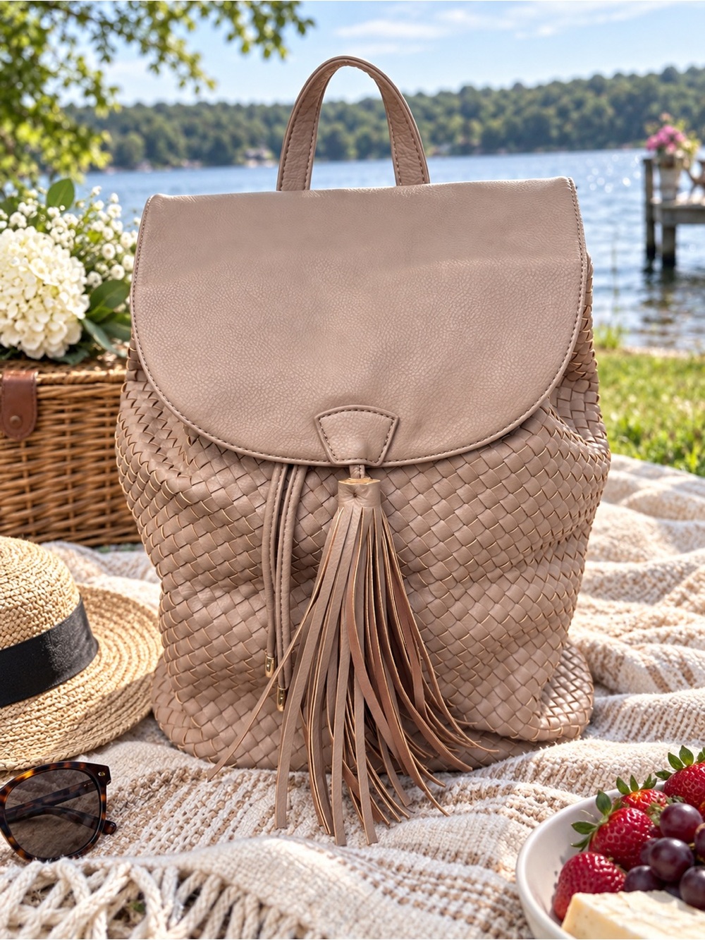 Deux Lux Woven Tassel Backpack Purse - Taupe